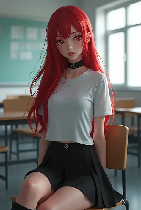 1girl, long red hair, sit in class, black school modern uniform, real photo, hottie, sexy, miniskirt, tshirt. award winning (full body:0.8) (portrait photo:1.3) of a young female (sci-fi mech pilot:1.3) sexy pose, trending on artstation, highly detailed, f...