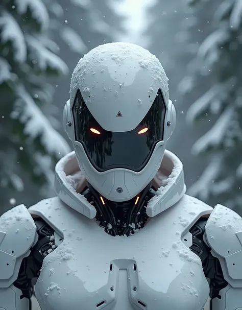 Real life, Photography in portrait mode, A close-up reveals snow slowly accumulating on the robot’s smooth, The robots armor is in the white color brikht, dark frame as it stands in the middle of a dense, snowy forest. Pine trees loom around it, their bran...