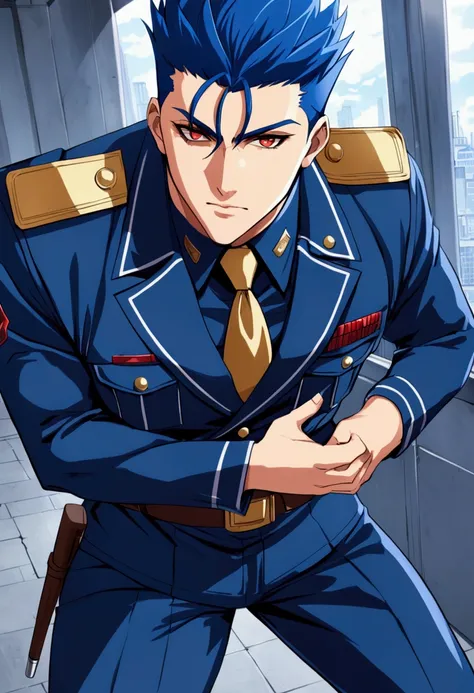 cu Chulainn Lancer blue dressed as a policeman with a good face and good body with red anime eyes and with a flirtatious look