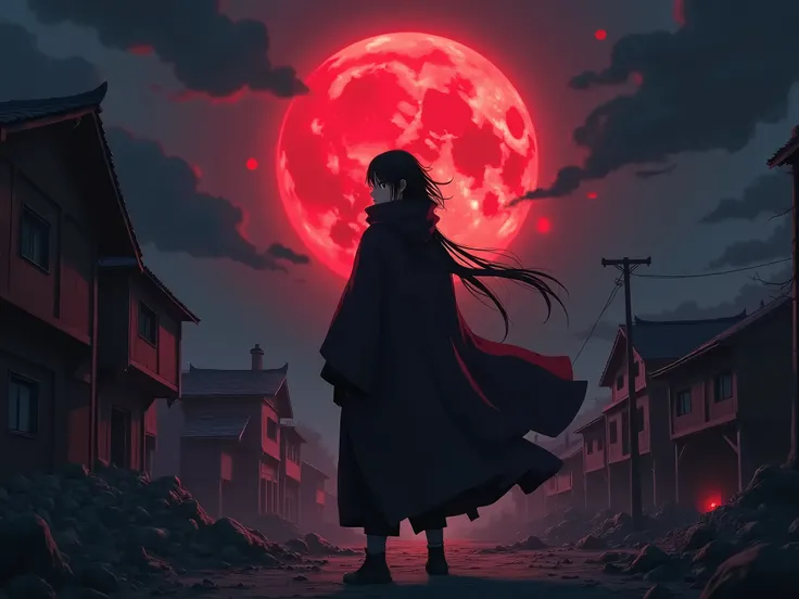 Anime, Uchiha Itachi Akatsuki with sharingan eyes was in a destroyed village at night with a full red moon