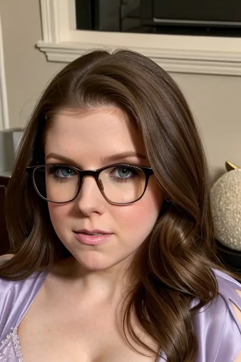 Anna kendrick, milf, close up, very fat, face portrait, long messy hair, wearing silky night gown, extremley fat,  overweight, glasses, curvy, nerd, chubby, cozy home