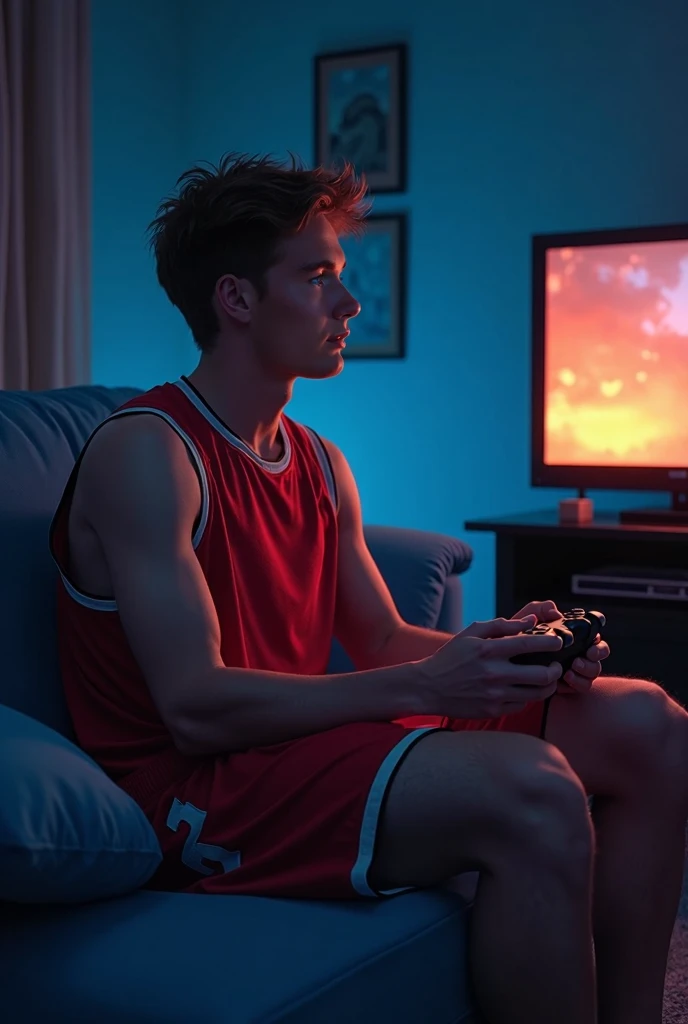 Seed 527456193. This is Skyler. Generate images of Skyler playing video games on the couch. Dinky lit room glow of tv illuminating his face. Wearing a red tank top and basketball shorts 