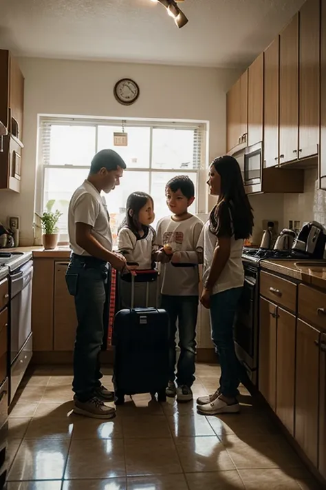 The Garcia family in the kitchen, packing suitcases.