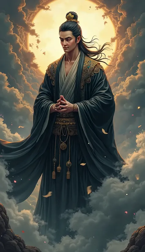 Best Quality,Very detailed, 8k,Daikokuten，七福godの1人，Buddha，god，god秘的,god々Successfully,Dignity，Fantasy、Thunderclouds in the background，A halo is shining，Cool as the final boss，Realistic graphics,Realistic design,Black kimono，Happiness