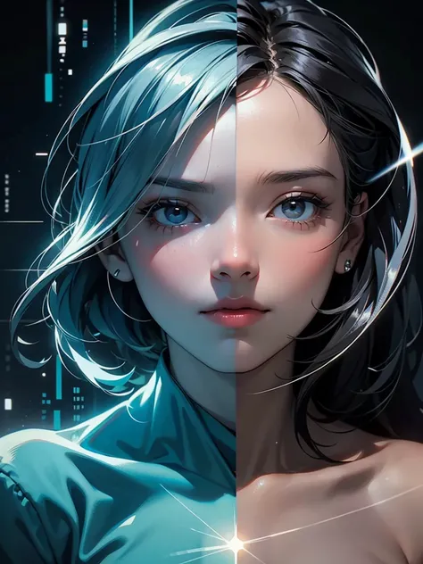 detailed plain book cover, The cover features a split image of an android face, with one side showing her authentic self and the other side showcasing her digital persona. The two sides are connected by a tangled web of binary code, symbolizing the struggl...