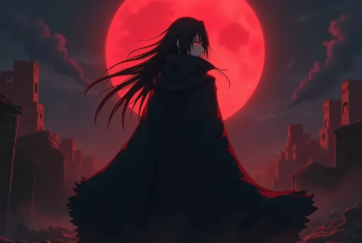 Anime, Uchiha Itachi Akatsuki with sharingan eyes was in a destroyed village at night with a full red moon, ultra detailed, high res, best quality