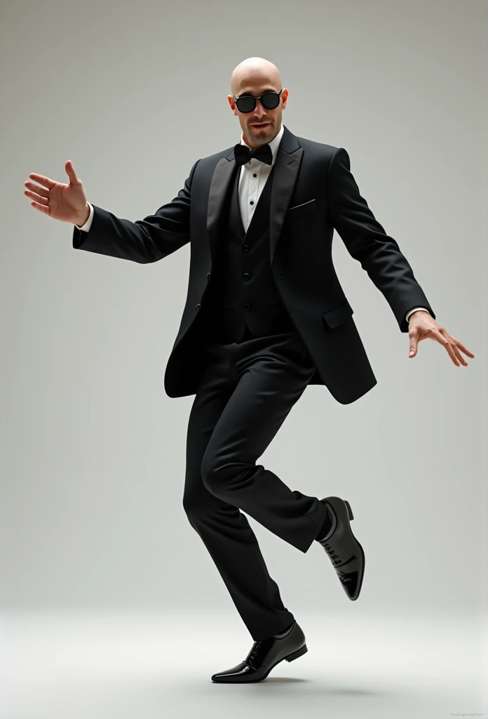 man,bald tall slim sexy in elegant black suit with black sunglasses doing a silly dance thrusting pelvis