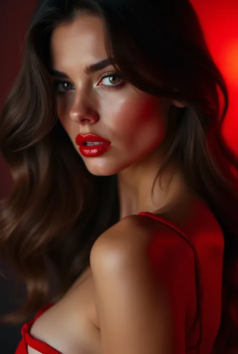 A gorgeous woman, sensual figure, striking red wet lips, piercing eyes, prominent nipples, alluring pose, photorealistic, 8K, hyperdetailed, high quality, dramatic lighting, cinematic, exquisite color palette, vibrant colors no clothes