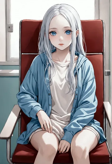 teenage girl, white skin, blue eyes, soft look, casual clothes, sitting in a chair in the hospital