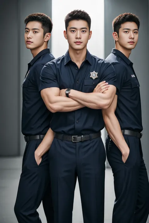 Male police officers in their 20s pose for a group photo...., Wear a navy shirt......................, High-res, tmasterpiece, best qualtiy, Head:1.3,((Hasselblad photograp)), Fine fine skin, Clear focus, (Cinematic lighting), during night, Gentle lighting...