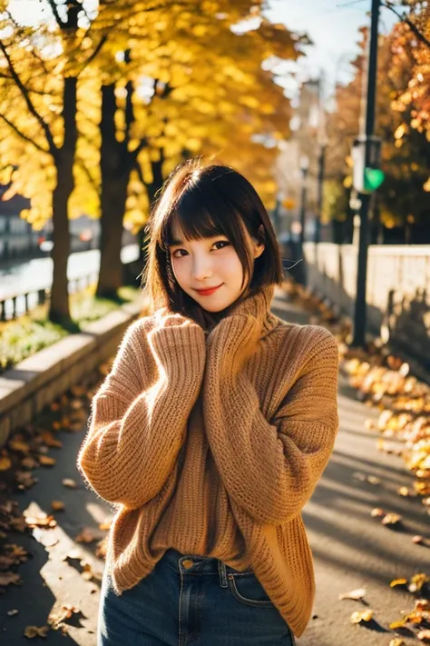 20 years old woman, casual autumn outfit, standing on a path covered with fallen leaves, playful expression, hands in pockets, bangs framing her face, golden hour lighting, high-quality shadows and textures, ultra-realistic, soft background blur, detailed ...