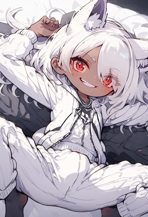 on the bed,lie on one’s back,(downward),cowboy shot,darkskin,(big butt:1.2),(Alone:1.3),(male:1.1),(bulge:1.2),white cardigan,pantyhose,half undress white hair,parted bangs,animegirl,eyes visible through hair, grey hair, hair over one eye, smirk, jitome, d...