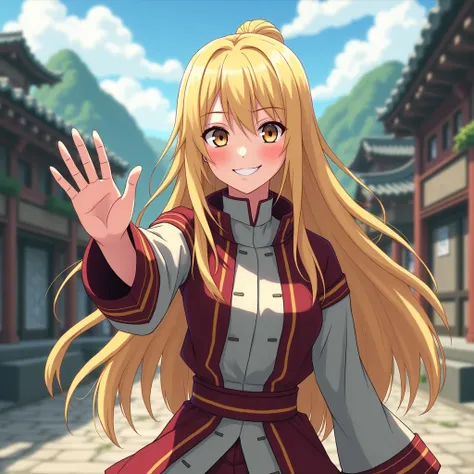 Create a Realistic Highly Detailed Image of Female Anime Character from the Naruto Universe named Maitan a Hidden Stone Village Shinobi Jonin with long blonde hair and caramel brown eyes wearing a Hidden Stone Ninja Shinobi Uniform. She is in the the Hidde...