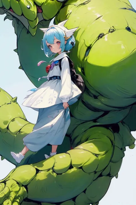 One cute girl with monster in tow, cute outfit, bold and youthful composition, close-up, science fantasy, full color, top quality image.