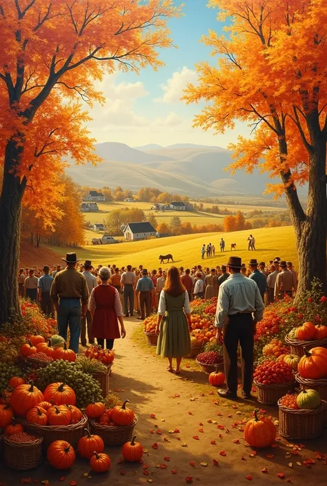 An oil painting with an allusion to the Autumn: Marks the harvest and a time of thanksgiving and reflection. The Festival of Thanks is held in this season
