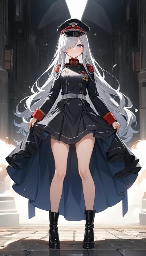 One beautiful girl, (((Ultra-high resolution、Ultra high definition、Highest Settings、８k、)))、Small breasts、clear、uniform、Have one rifle、Long Hair、Silver Hair、Wearing a large military cap deep inside々overlaps with、soldier、Major、Fluttering Skirt、Full body draw...