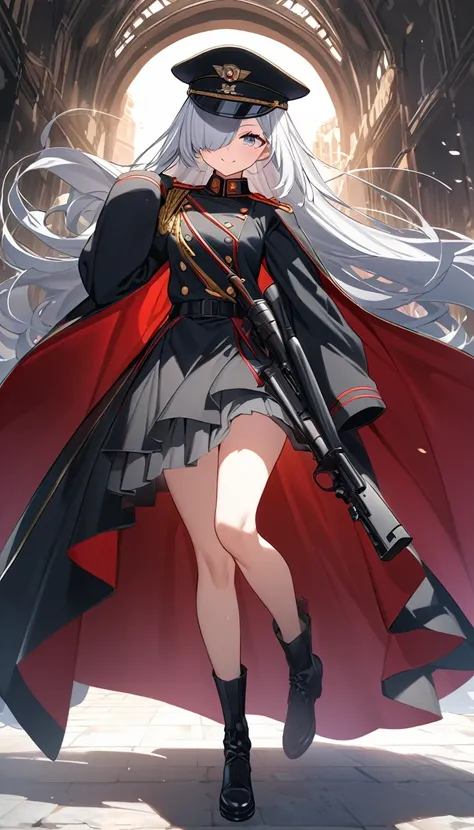 One beautiful girl, (((Ultra-high resolution、Ultra high definition、Highest Settings、８k、)))、Small breasts、clear、uniform、Have one rifle、Long Hair、Silver Hair、Wearing a large military cap deep inside々overlaps with、soldier、Major、Fluttering Skirt、Full body draw...