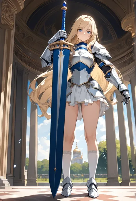 masterpiece, Best Quality, High resolution, Ultra-detailed, Anime Style,Fantasy,  whole body, Standing, One Girl, 1, Noble Face, Tall, 170 cm, Medium chest, Long straight blonde hair, break, Blue Eyes, White princess mini dress, White knee socks, White Lon...