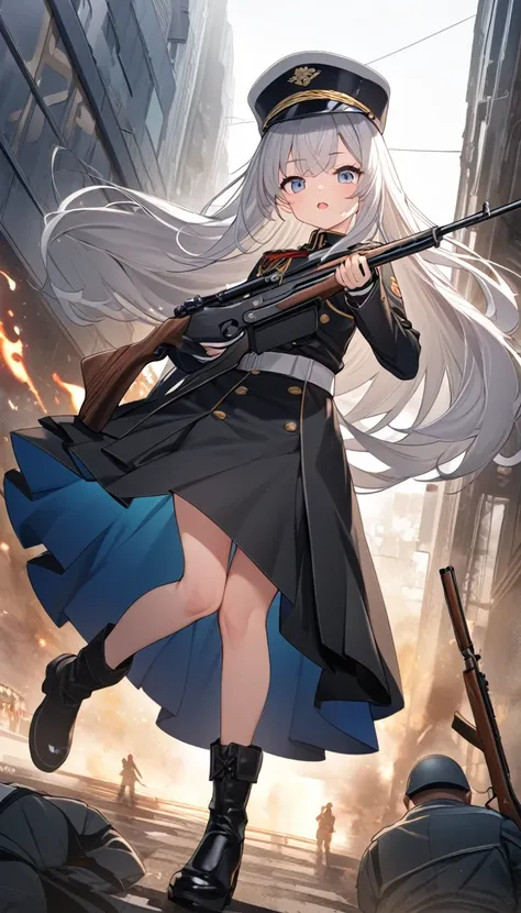 One beautiful girl, (((Ultra-high resolution、Ultra high definition、Highest Settings、８k、)))、Small breasts、clear、uniform、Have one rifle、Long Hair、Silver Hair、Wearing a large military cap deep inside々overlaps with、soldier、Major、Fluttering Skirt、Full body draw...