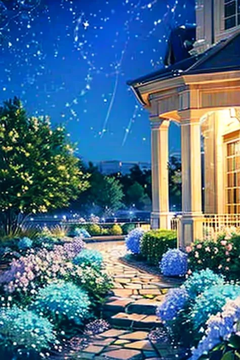 a garden under the stars with sparkling blue roses