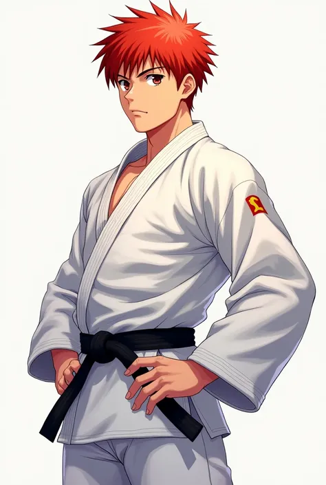 Full size A judoka teen red haired boy in judo uniform in white dress and black belt with cock bulge on his pants in anime style