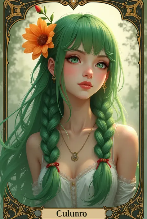 (A very detailed, High quality, Best quality, Official Art, Beautiful and aesthetic:1.2), (One girl:1.3), (Fragmental art:1.3), card, Tarot, Green hair, Double braids, Flower of hair, (Good lighting:1.1), ((High resolution)), Tarot card style