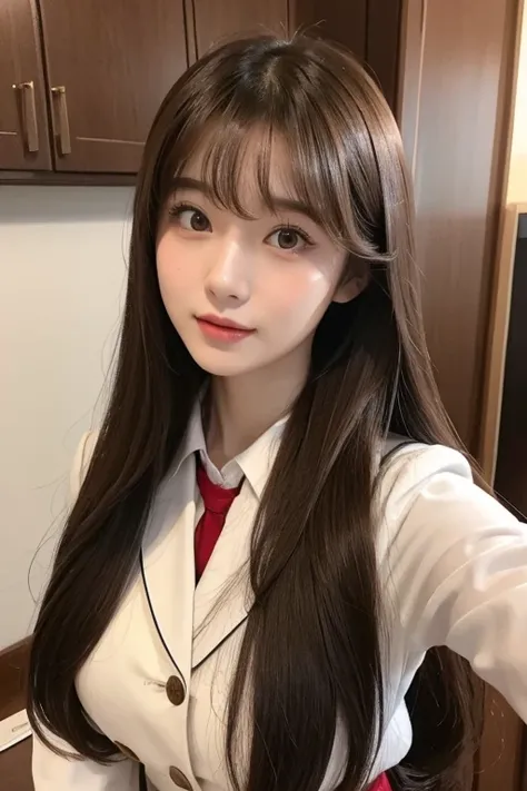 High resolution, Long Hair, chest, bangs, Brown Hair, Beautiful Face、
165cm、２４age、Japanese、Waitress、uniform、
