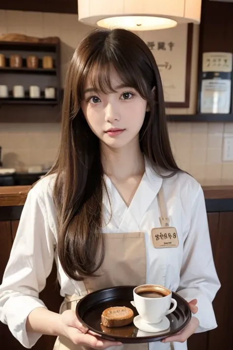 High resolution, Long Hair, chest, bangs, Brown Hair, Beautiful Face、
165cm、２４age、Japanese、Waitress Uniform、Cafe、coffee、Hold the tray
