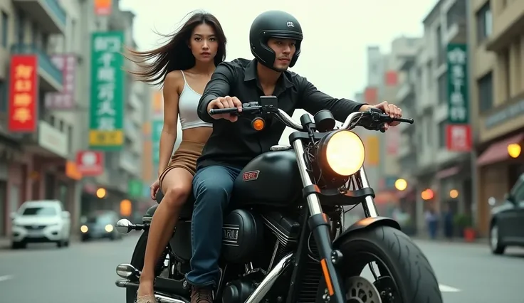 A man in Taiwan wears a helmet while riding a large motorcycle,knight wearing helmet,Sitting behind is a busty girl wearing a tight white tank top and short skirt.,Real person photos