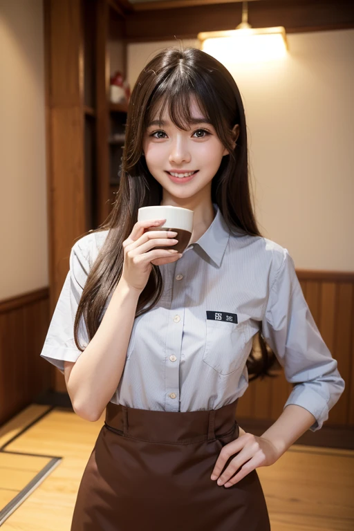 High resolution, Long Hair, chest, bangs, Brown Hair, Beautiful Face、
165cm、２４age、Japanese、Waitress Uniform、Cafe、coffee、Hold the tray、smile、
