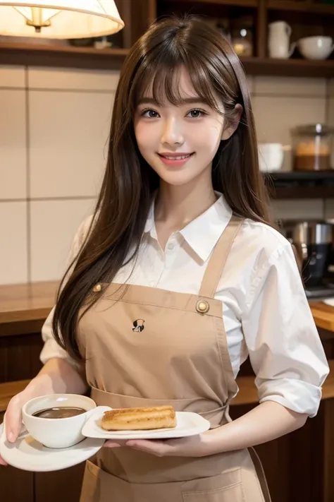 High resolution, Long Hair, chest, bangs, Brown Hair, Beautiful Face、
165cm、２４age、Japanese、Waitress Uniform、Cafe、coffee、Hold the tray、smile、apron
