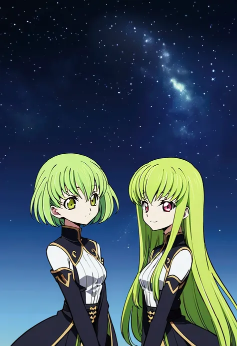 Two of her. Mirroring Clone C.C. Two of C.C. Anime girls code geass C.C. lamp clock. ,long light green hair,unique umber color eyes, I smile, Simple background, Great job, precise, Anatomy is correct, Best quality,   Side view looking at starry night sky 