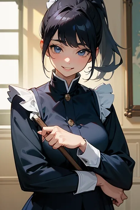 (Highest resolution clear_image) Best Quality, single, One Woman, Alone, masterpieceHighly detailed, Somewhat realistic, Black Hairのショートヘア, Black Hair, bangs, 1, Mature, light blue Uniform, Uniform, Indoor Background, kind, Authoritative, Powerful, Exquisi...