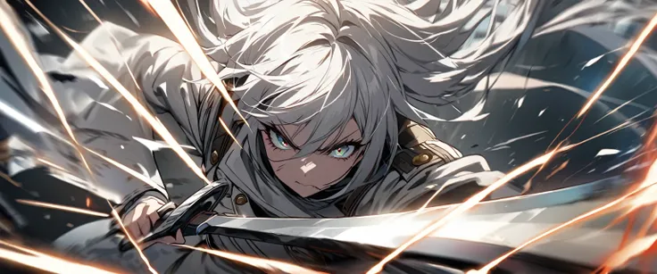 Woman holding a silver long sword、solo。Wearing white military uniform。White hair color。solo。Crazy look。Fighting with swords。It&#39;s dynamic。Gray Hair、Blue Eyes、Straight Hair、Illustration taken a few meters away from the camera。Serious expression。Illustrat...