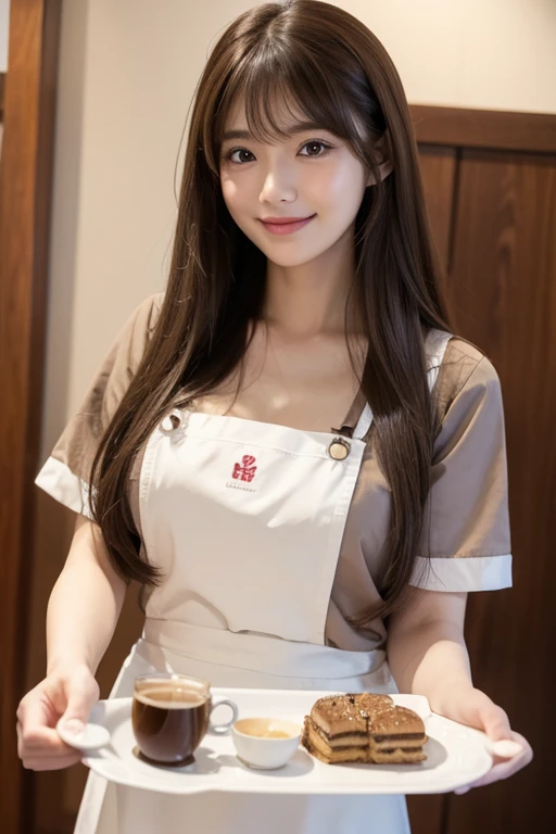 High resolution, Long Hair, chest, bangs, Brown Hair, Beautiful Face、
165cm、２４age、Japanese、Maid outfit、Cafe、coffee、Hold the tray、smile、
