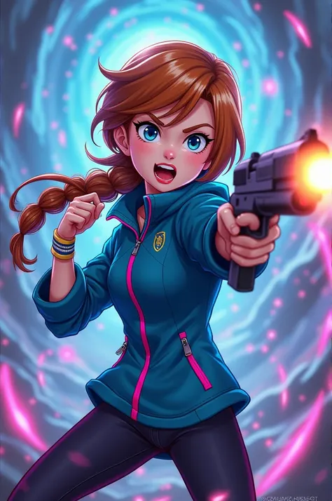 From Disney Princess Anna With Gun Fighting Naughty My Bad Blue Jacket Pink Zip In Infinity Anime Style 