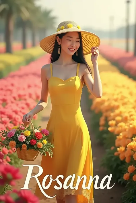 a real beautiful Asian woman, smiling, holding a yellow brimmed hat with a design of a yellow flower, holding a yellow basket full of different mix colors of flowers, wearing a yellow sleveless and half-length dress with a design small white flowers on the...