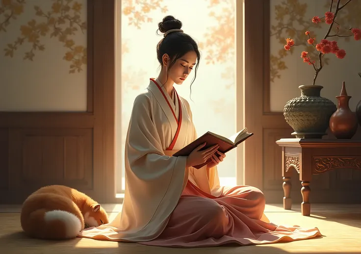 A beautiful Asian human sitting in a Buddhist temple reading a book, traditional Japanese costume, with a pet tanuki sleeping at his side