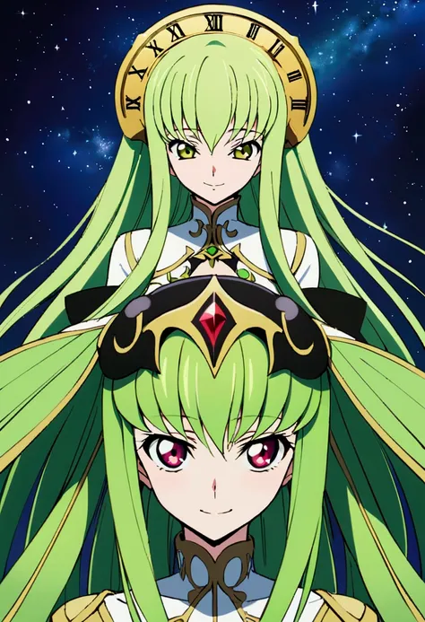 Two of her. Mirroring Clone C.C. Two of C.C. Anime girls code geass C.C. lamp clock. ,long light green hair,unique umber color eyes, I smile, Simple background, Great job, precise, Anatomy is correct, Best quality,   Side view looking at starry night sky 