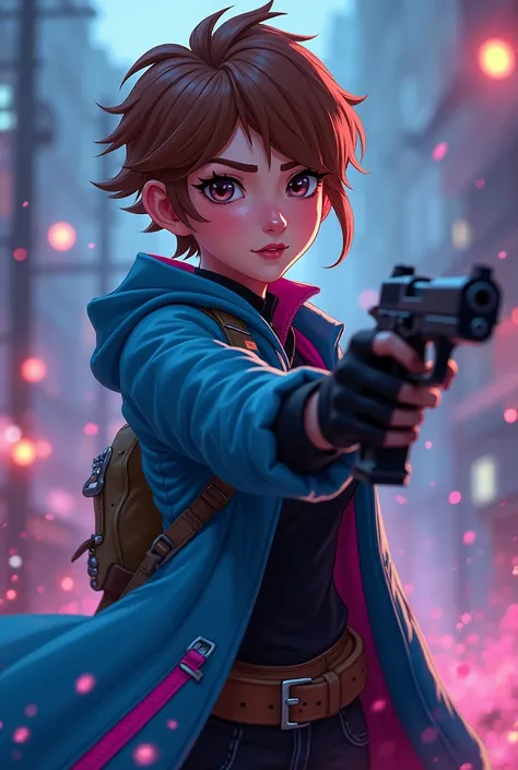 Von Disney Princess Anna, brown with a gun hair, with armed combat, cheeky, evil blue coat, pink zipper in Infinity anime style 