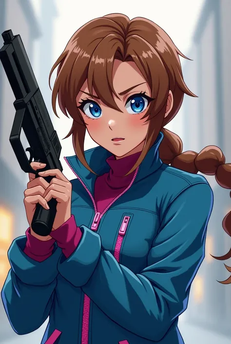 From Disney Princess Anna, brown with a gun hair, with armed struggle, cheeky, evil blue coat, pink zipper in Infinity anime style 