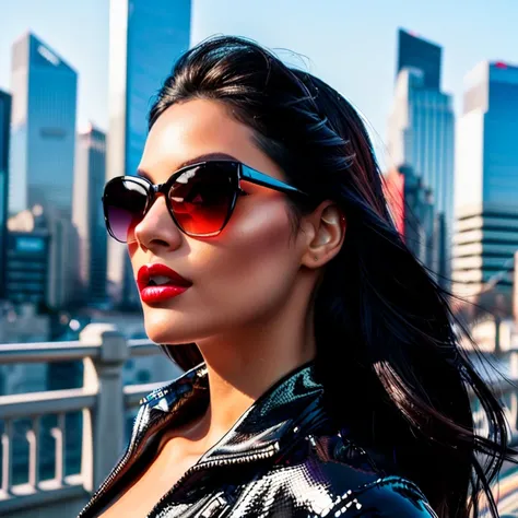 close up of woman with sunglasses and nails against city background, sexy lips :5 stylish, Beautiful female runner killer, profile photo, painted nails, in the city, amazing high technology, breathtaking beauty, ultra realistic digital art, , 💋 💄 👠 👗, shin...