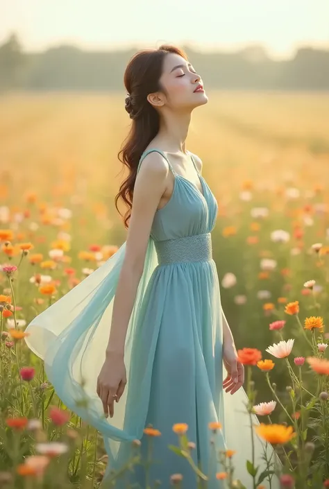 Full body photo of beautiful Asian woman in [blue dress] with a calm face, standing in a vast [flower field], swaying in the wind, under the warm sunlight. She is closing her eyes with a slight smile, her pose shows relaxation and peace, reflecting the gen...