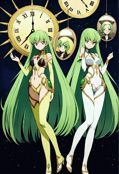 Two of her. Mirroring Clone C.C. Two of C.C. Anime girls code geass C.C. lamp clock. ,long light green hair,unique umber color eyes, I smile, Simple background, Great job, precise, Anatomy is correct, Best quality,   Side view looking at starry night sky (...