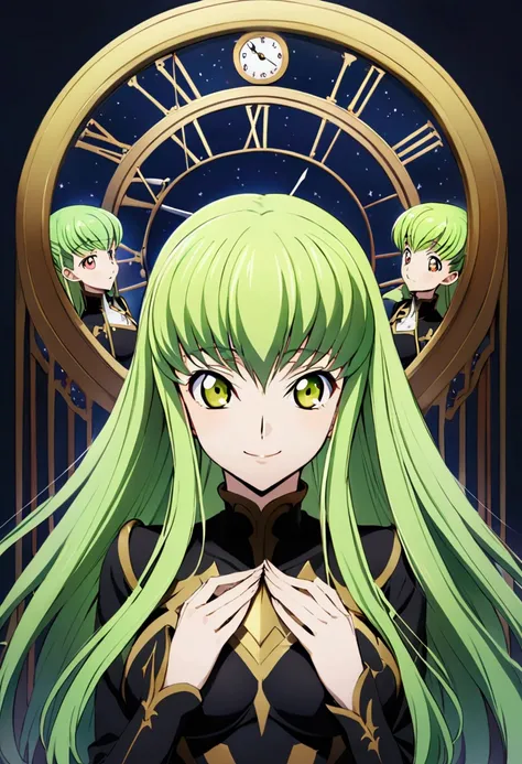 Two of her. Mirroring Clone C.C. Two of C.C. Anime girls code geass C.C. lamp clock. ,long light green hair,unique umber color eyes, I smile, Simple background, Great job, precise, Anatomy is correct, Best quality,   Side view looking at starry night sky (...