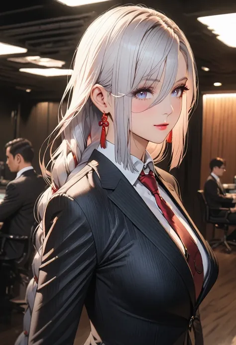 A woman in a business suit, pencil skirt, blazer, and dress shirt with tie, full body shot, elegant, professional, formal,studio lighting, high quality, photorealistic, detailed, intricate, sharp focus, cinematic, indoors, office setting,  shenhe, blue eye...