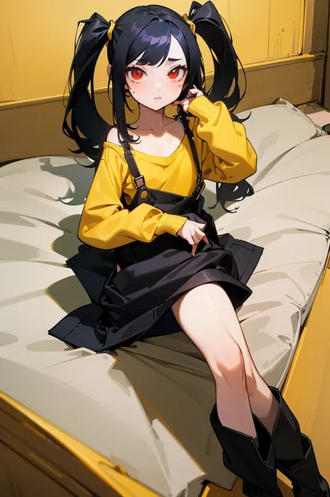 (masterpiece) (high Res), (Perfect face), (perfect anatomy), girl, black hair with pigtails, red eyes, (flat chest:1.6), short, fair skin, ((yellow sweater)), (black skirt overalls), black boots, ((((solo)))), ((((alone)))), (in her bedroom)