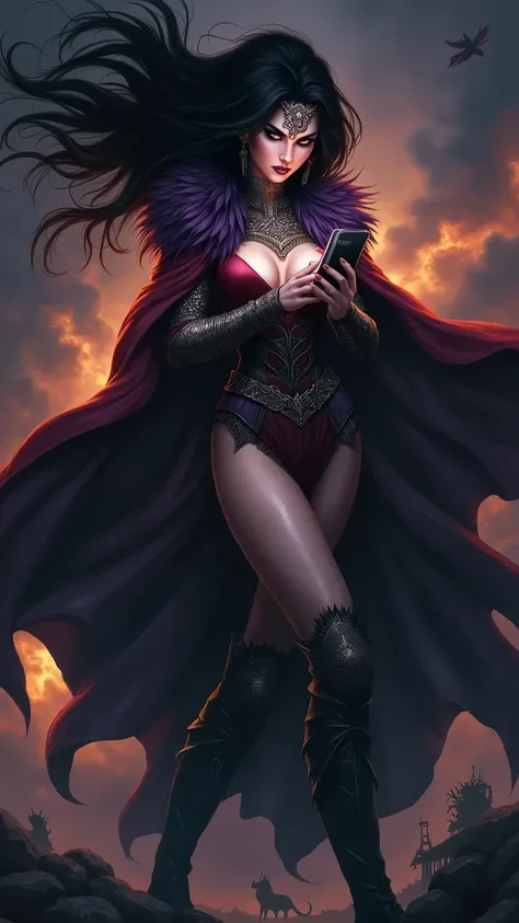 A captivating illustration of a furious woman typing a message on her smartphone. She wears a deep red, regal gown with purple accents and her eyes are filled with fiery determination. Her long, raven hair billows behind her, as she stands on a dark, storm...