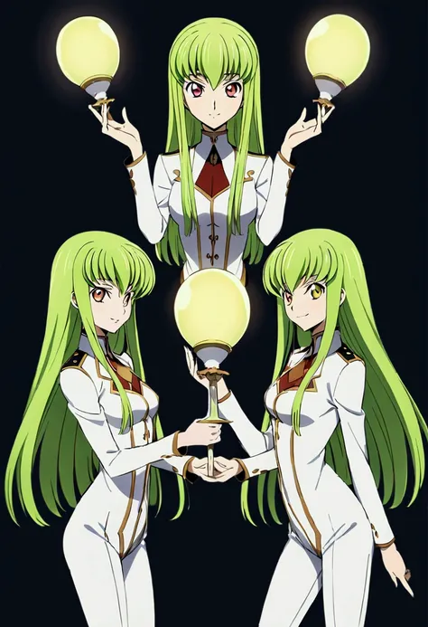 Three of her. Mirroring Clone C.C. Three of C.C. Anime girls code geass C.C. lamp clock. ,long light green hair,to become uniform unique umber color eyes, I smile, Simple background, Great job, precise, Anatomy is correct, Best quality,   Side view looking...