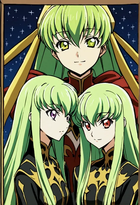 Three of her. Mirroring Clone C.C. Three of C.C. Anime girls code geass C.C. lamp clock. ,long light green hair,to become uniform unique umber color eyes, I smile, Simple background, Great job, precise, Anatomy is correct, Best quality,   Side view looking...